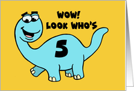 Humorous Boys 5th Birthday With Blue Cartoon Dinosaur Who’s Five card