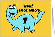 Humorous Boys 7th Birthday With Blue Cartoon Dinosaur Who’s Seven card