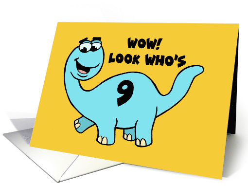 Humorous Boys 9th Birthday With Blue Cartoon Dinosaur Who's Nine card