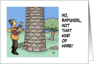 Man Holding Rabbit Looking Up No Rapunzel Not That Kind Of Hare card