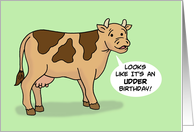 Humorous Birthday With Cartoon Cow Looks Like An Udder Birthday card