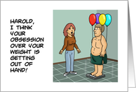 Humorous Blank Card With Man Weighing Himself With Helium Balloons card