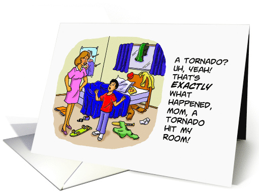 Humorous Mother's Day From Son With Cartoon Of A Boy's Messy Room card