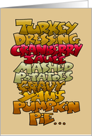 Humorous Thanksgiving With Cartoon Words For Turkey Dressing Etc card