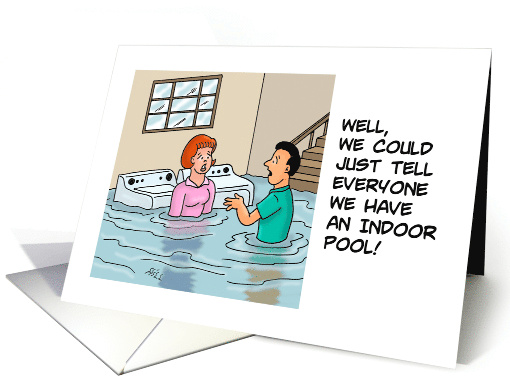 Humorous Blank Card With Couple In Flooded Basement Indoor Pool card