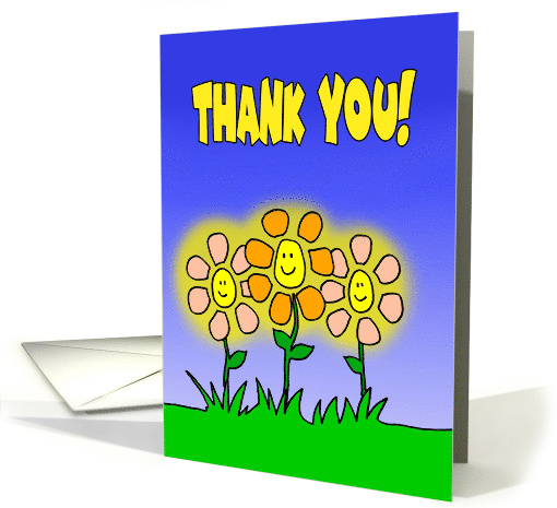 Thank You Card With Smiling And Glowing Cartoon Flowers card (1740946)