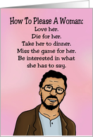 Humorous Romance How To Please A Woman How To Please A Man card