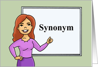Humorous Hello With Teacher Pointing To The Word Synonym card