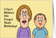 Humorous Belated Birthday With Cartoon Couple Forgot Their Birthday card