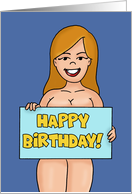 Humorous Adult Birthday With Nude Cartoon Woman Holding A Sign card