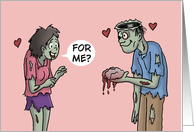 Humorous Halloween With Cartoon Zombie Giving Brain To Zombie Girl card