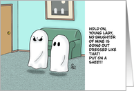 Humorous Halloween With Cartoon Ghost Parents Telling Daughter card