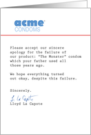 Humorous Birthday With Apology Letter For Poor Quality Condom card