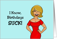 Humorous Adult Birthday With Sexy Cartoon Woman Birthdays Suck card