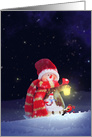 Snowman with Lantern Light in the Night Red Bird and Cherries card