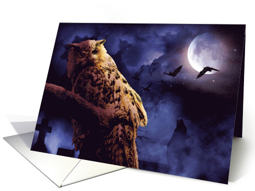 Owloween Spooky special with Moon, Bats & Wolf Halloween card