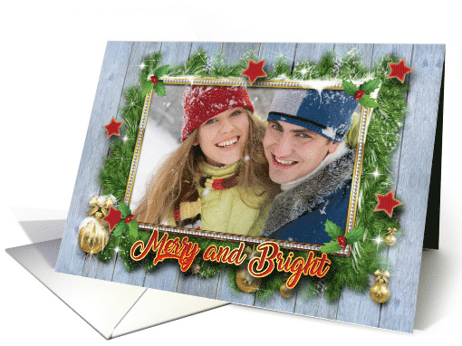 Photo holder Digitally Golden framed Merry and Bright Christmas card