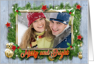 Photo holder Digitally Golden framed Merry and Bright Christmas card