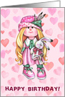 Birthday Little Girl Blonde with Rabbit in Pink Dress and Hat Blank card