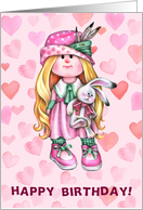 Birthday Little Girl Blonde with Rabbit in Pink Dress and Hat Blank card