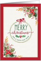 Merry Christmas and Happy New Year, Watercolor Holly and Wreath card