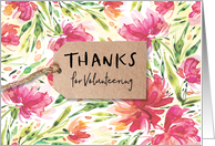 Volunteer Thanks with Kraft style Tag on floral watercolor background card