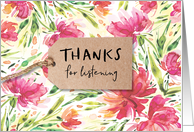 Listening Thanks with Kraft style Tag on floral watercolor background card