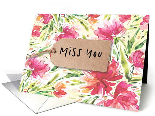 Miss You with Kraft style Tag on Floral Watercolor Background card
