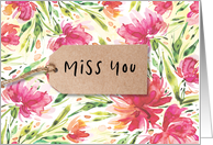 Miss You with Kraft style Tag on Floral Watercolor Background card