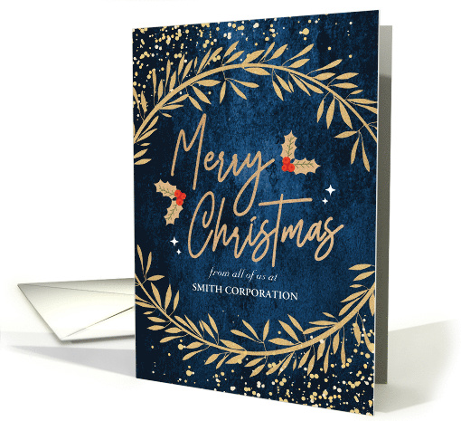 Custom Front Merry Christmas with Golden Laurels and Confetti card