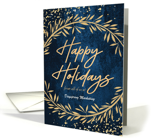 Custom Front Happy Holidays with Golden Laurels and Confetti card