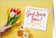 Thinking of You, God Loves You with Tulip Bouquet card