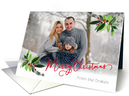 Custom Front Merry Christmas with Soft Snow Overlay and Holly card