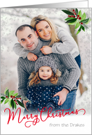 Custom Front Merry Christmas with Soft Snow Overlay and Holly card