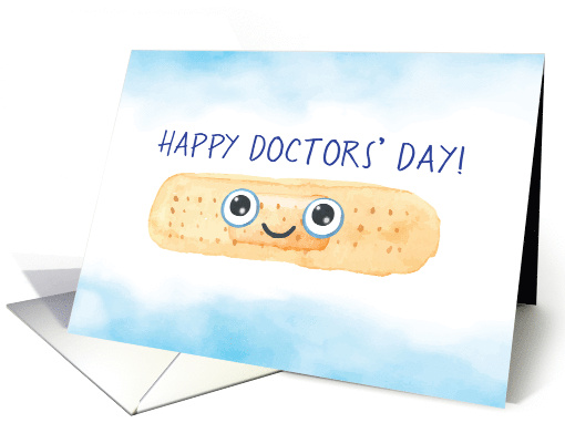 Happy Doctors' Day With Smiling Bandaid on Watercolor Background card
