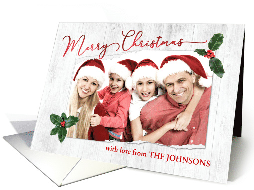 Custom Front Merry Christmas with Ripped Photo Frame and Holly card