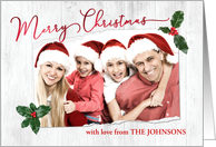 Custom Front Merry Christmas with Ripped Photo Frame and Holly card