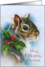 Christmas Friend Winter Squirrel with Holly Animal Art Personalized card