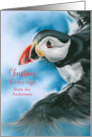 Christmas Greetings from Personalized Name Puffin in Flight Bird Art A card