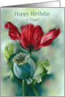 Birthday in August Red Poppy and Seed Pod Floral Pastel Art card