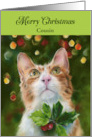 For Cousin Ginger Cat Holly Merry Christmas Personalized card