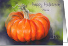 For Niece Halloween Pumpkin Bright Orange on Purple Personalized card