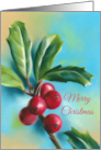 Merry Christmas Holly Berries Pastel Artwork card