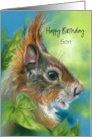 For Son Birthday Red Squirrel with Green Leaves Custom card