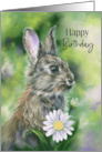 Happy Birthday Brown Bunny with Daisies Pastel Art card