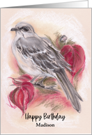 Custom Name Birthday Mockingbird in Autumn Dogwood Pastel Art M card