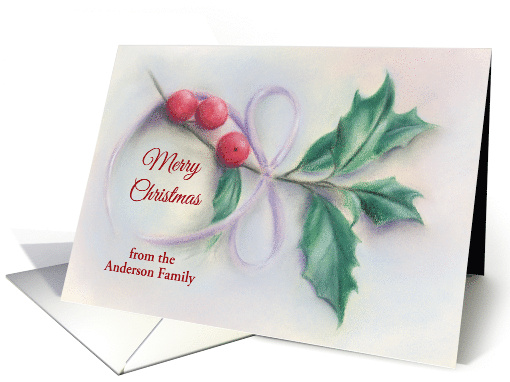 From Custom Name Merry Christmas Holly Sprig Pastel Art Anderson card