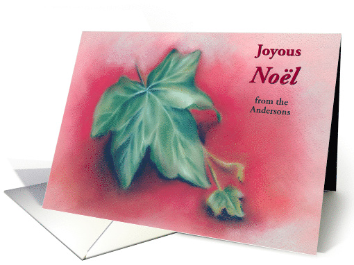 Noel Custom Christmas Green Ivy Leaves on Red Pastel Art card