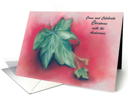 Custom Christmas Invitation Green Ivy Leaves on Red Pastel Art card