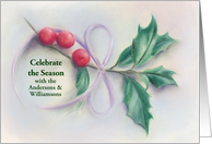 Custom Christmas Invitation Holly Sprig with Red Berries Pastel Art card